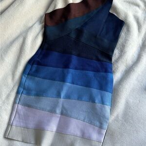 Herve Leger One Shoulder Gradient Blue Bandage Dress
